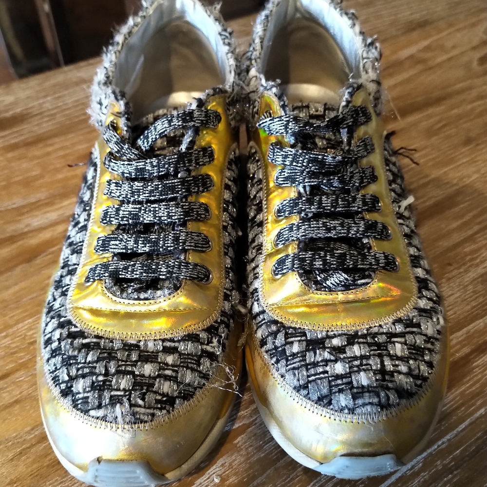 Chanel Tweed Sneakers Womens 37 Gold Black Silver